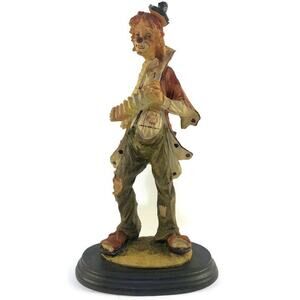 Pucci Arnart Hobo Clown Figurine With Accordion On Wood Stand 12"